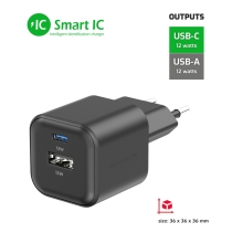 12W EU adaptér / nabíječka SWISSTEN Smart IC - mini provedení - USB-C + USB-A - černý