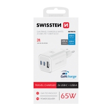 65W EU adaptér / nabíječka SWISSTEN GaN - mini provedení - 2x USB-C + USB-A - bílý