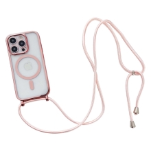 Kryt pro Apple iPhone 15 Pro - barevná šňůrka - podpora MagSafe - gumový - průhledný / růžový