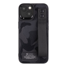 Kryt TACTICAL Camo pre Apple iPhone 14 - látkový maskáč + remienok s nitmi - plastový/gumový - čierny