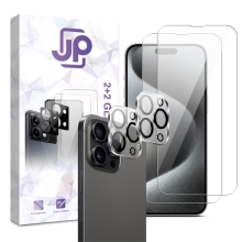 Tvrzené sklo JP Combo Pack pro Apple iPhone 15 Pro Max - čiré - sada 2 kusů + 2x sklo na čočku 2,5D - čiré