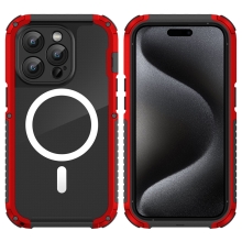 Kryt + tvrzené sklo pro Apple iPhone 15 Pro - odolný - kovový rámeček - MagSafe - černý / červený