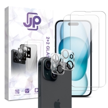 Tvrzené sklo JP Combo Pack pro Apple iPhone 15 - čiré - sada 2 kusů + 2x sklo na čočku 2,5D - čiré