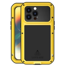 Puzdro LOVE MEI pre Apple iPhone 14 Pro Max - vonkajšie - kov / silikón / tvrdené sklo - žlté