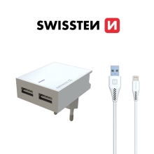Nabíjacia súprava SWISSTEN 2v1 pre zariadenia Apple - adaptér EÚ (2x USB) a kábel Lightning 1,2 m - biely