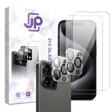 Tvrdené sklo JP Combo Pack pre Apple iPhone 15 Pro - číre - sada 2 kusov + 2x 2,5D sklo - číre