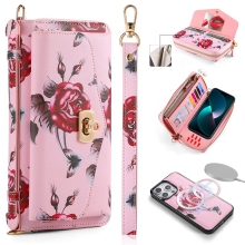 Puzdro / taška pre Apple iPhone 15 Pro Max - Odnímateľný kryt - 4 vrecká - Kvety - Ružová