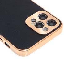 Kryt pre Apple iPhone 12 Pro - koža + pokovovaný povrch - čierny / medený