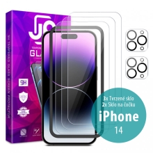 Tvrzené sklo JP Mega Pack pro Apple iPhone 14 - čiré - sada 3 kusů + aplikátor + 2x sklo na čočku