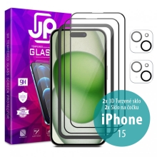 Tvrdené sklo JP Full Pack pre Apple iPhone 15 - číre 3D - sada 2 kusov + aplikátor + 2x sklo na objektív