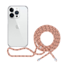 Kryt SPELLO Crossbody pro Apple iPhone 15 Pro - gumový - průhledný - růžová šňůrka