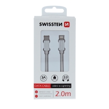 Kabel SWISSTEN Textile - USB-C / Lightning - kovové koncovky - 2m - stříbrný