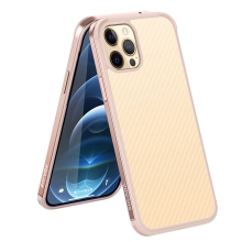 Kryt SULADA pro Apple iPhone 12 / 12 Pro - gumový / kovový - karbonová textura - průhledný - Rose Gold