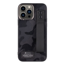 Kryt TACTICAL Camo pro Apple iPhone 13 Pro Max - látkový maskáč + poutko s nýty - plastový / gumový - černý