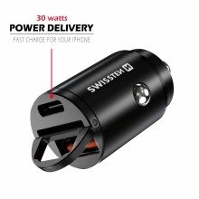 Autonabíječka / adaptér SWISSTEN - USB-A + USB-C - 30W - kovová - mini provedení - černá