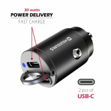 Nabíjačka do auta / adaptér SWISSTEN - 2x USB-C - 30W - kov - mini dizajn - čierna