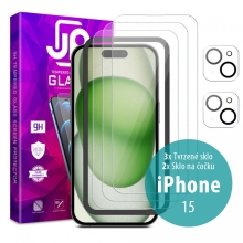 Tvrzené sklo JP Mega Pack pro Apple iPhone 15 - čiré - sada 3 kusů + aplikátor + 2x sklo na čočku