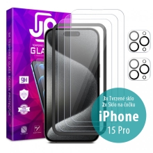 Tvrdené sklo JP Mega Pack pre Apple iPhone 15 Pro - číre - sada 3 kusov + aplikátor + 2x sklo na objektív