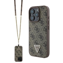 Kryt GUESS Metal logo pro Apple iPhone 16 Pro - šňůrka / řetízek - umělá kůže - hnědý