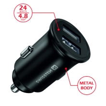 Nabíjačka do auta / adaptér SWISSTEN - 2x USB (4,8A) - kovová - čierna