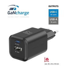 45W EU adaptér / nabíjačka SWISSTEN GaN - mini verzia - USB-C + USB-A - čierna