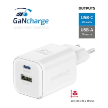 45W EU adaptér / nabíječka SWISSTEN GaN - mini provedení - USB-C + USB-A - bílý