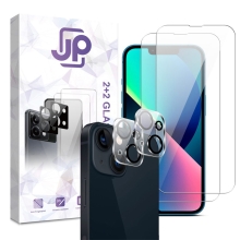 Tvrdené sklo JP Combo Pack pre Apple iPhone 13 mini - číre - sada 2 kusov + 2x sklo pre 2,5D objektív - číre