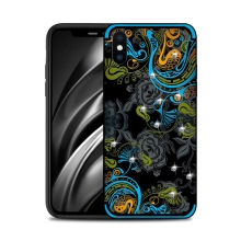 Kryt NXE pro Apple iPhone Xs Max - květinový motiv s kamínky - modrý