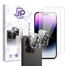 Tvrdené sklo JP Combo Pack pre Apple iPhone 14 Pro Max - číre - sada 2 kusov + 2x sklo pre 2,5D šošovku - číre