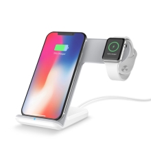 Stojan / Bezdrôtová nabíjačka Qi 2v1 - Apple iPhone / AirPods s Qi + hodinky - Pevný - Biely