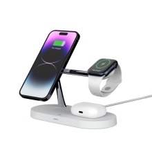 Stojan / Qi nabíjačka TECH-PROTECT 3v1 pre Apple iPhone / Watch / AirPods - podpora MagSafe - biela