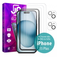 Tvrdené sklo JP Mega Pack pre Apple iPhone 15 Plus - číre - sada 3 kusov + aplikátor + 2x sklo na objektív