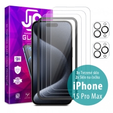 Tvrdené sklo JP Mega Pack pre Apple iPhone 15 Pro Max - číre - sada 3 kusov + aplikátor + 2x sklo na objektív