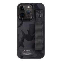 Kryt TACTICAL Camo pre Apple iPhone 14 Pro Max - látkový maskáč + popruh s nitmi - plastový/gumový - čierny