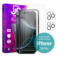 Tvrzené sklo JP Mega Pack pro Apple iPhone 16 Pro - čiré - sada 3 kusů + aplikátor + 2x sklo na čočku