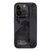 Kryt TACTICAL Camo pre Apple iPhone 14 Pro - látkový maskáč + remienok s nitmi - plastový/gumový - čierny