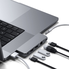 SATECHI dokovacia stanica/rozbočovač pre Apple MacBook - 2x USB-C na 2x USB-C + 2x USB-A + ethernet + jack - vesmírne sivá