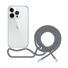 SPELLO Crossbody kryt pre Apple iPhone 15 Pro - Gumový - Priehľadný - Čierny / Biela šnúrka