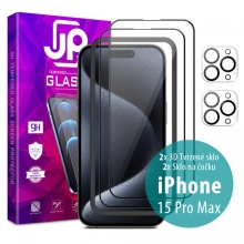 Tvrzené sklo JP Full Pack pro Apple iPhone 15 Pro Max - čiré 3D - sada 2 kusů + aplikátor + 2x sklo na čočku
