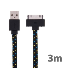 Synchronizační a nabíjecí kabel s 30pin konektorem pro Apple iPhone / iPad / iPod - tkanička - plochý černý - 3m