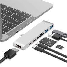 Dokovací stanice / port replikátor pro Apple MacBook Pro - 2x USB-C na 2x USB-C + HDMI + 2x USB-A + SD - stříbrná