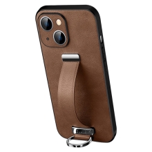 Kryt SULADA pre Apple iPhone 15 Plus - remienok + krúžok - ochrana fotoaparátu - syntetická koža - hnedý