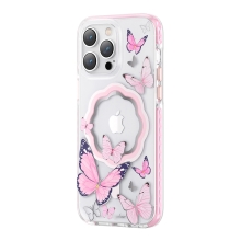 Kryt KINGXBAR Butterfly pro Apple iPhone 14 Pro - podpora MagSafe - plastový / gumový - motýli - růžový