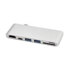 Redukce / adaptér USB-C na USB-C + 2x USB-A 3.0 + SD + MicroSD + HDMI - bez kabelu - kovová - stříbrná