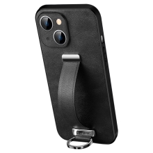 Kryt SULADA pre Apple iPhone 15 Plus - remienok + krúžok - ochrana fotoaparátu - syntetická koža - čierny