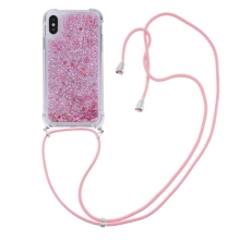 Kryt pro Apple iPhone X / Xs - šňůrka - pohyblivé třpytky - růžová srdce