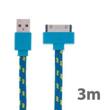 Synchronizační a nabíjecí kabel s 30pin konektorem pro Apple iPhone / iPad / iPod - tkanička - plochý modrý - 3m