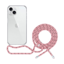 Kryt SPELLO Crossbody pro Apple iPhone 15 Plus - gumový - průhledný - růžová šňůrka