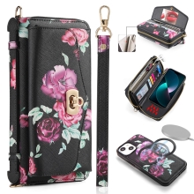 Puzdro / taška pre Apple iPhone 15 Plus - Odnímateľný kryt - 4 vrecká - Kvety - Čierna