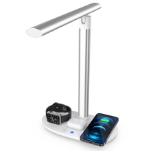 Stolná lampa + bezdrôtová nabíjačka Qi+ + nabíjačka hodiniek + nabíjačka AirPods + USB-C - strieborná / biela